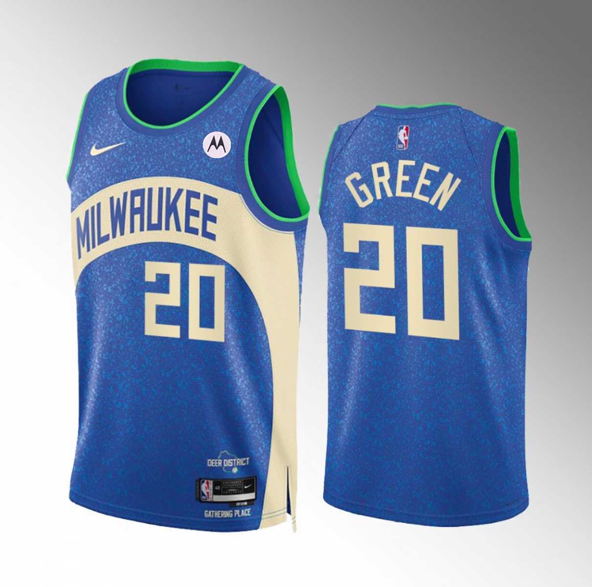 Mens Milwaukee Bucks #20 AJ Green Blue 2023-24 City Edition Stitched Basketball Jersey Dzhi->milwaukee bucks->NBA Jersey